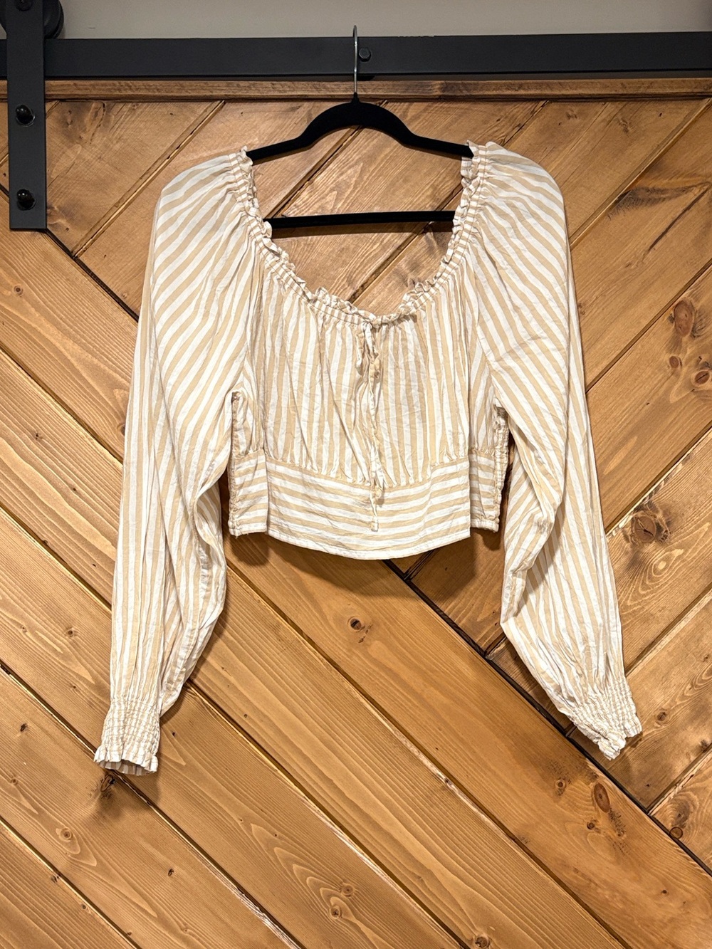 Aerie Cream and Tan Striped Cropped Peasant Top Smocked Back. XL